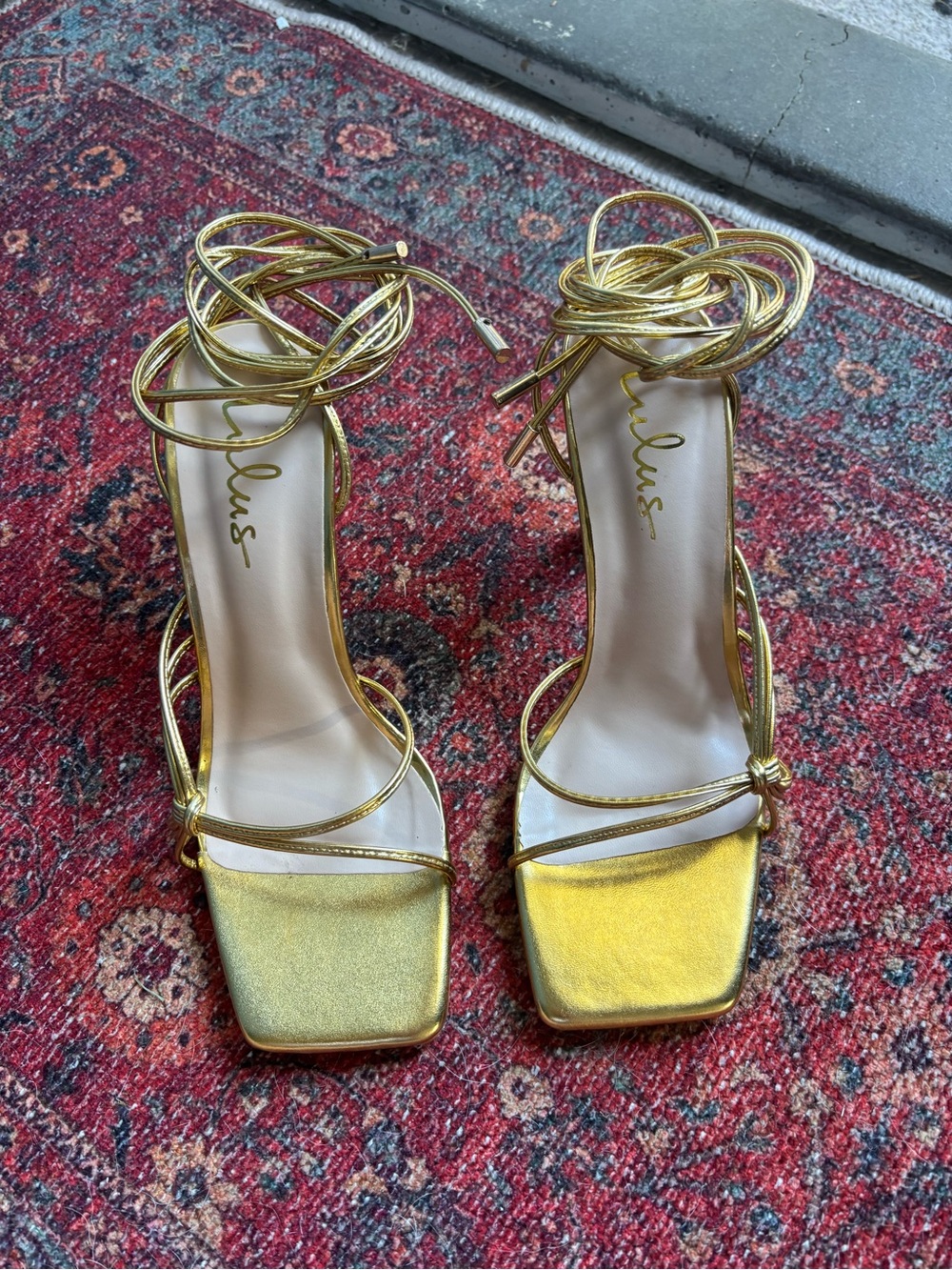 Lulu's Metallic Gold Square-Toe Lace-Up Heeled Sandals